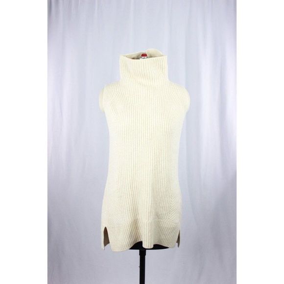 VINCE Ivory Cream Wool Cashmere Rib Knit Sleeveless Turtleneck Sweater, Size S - Picture 3 of 13